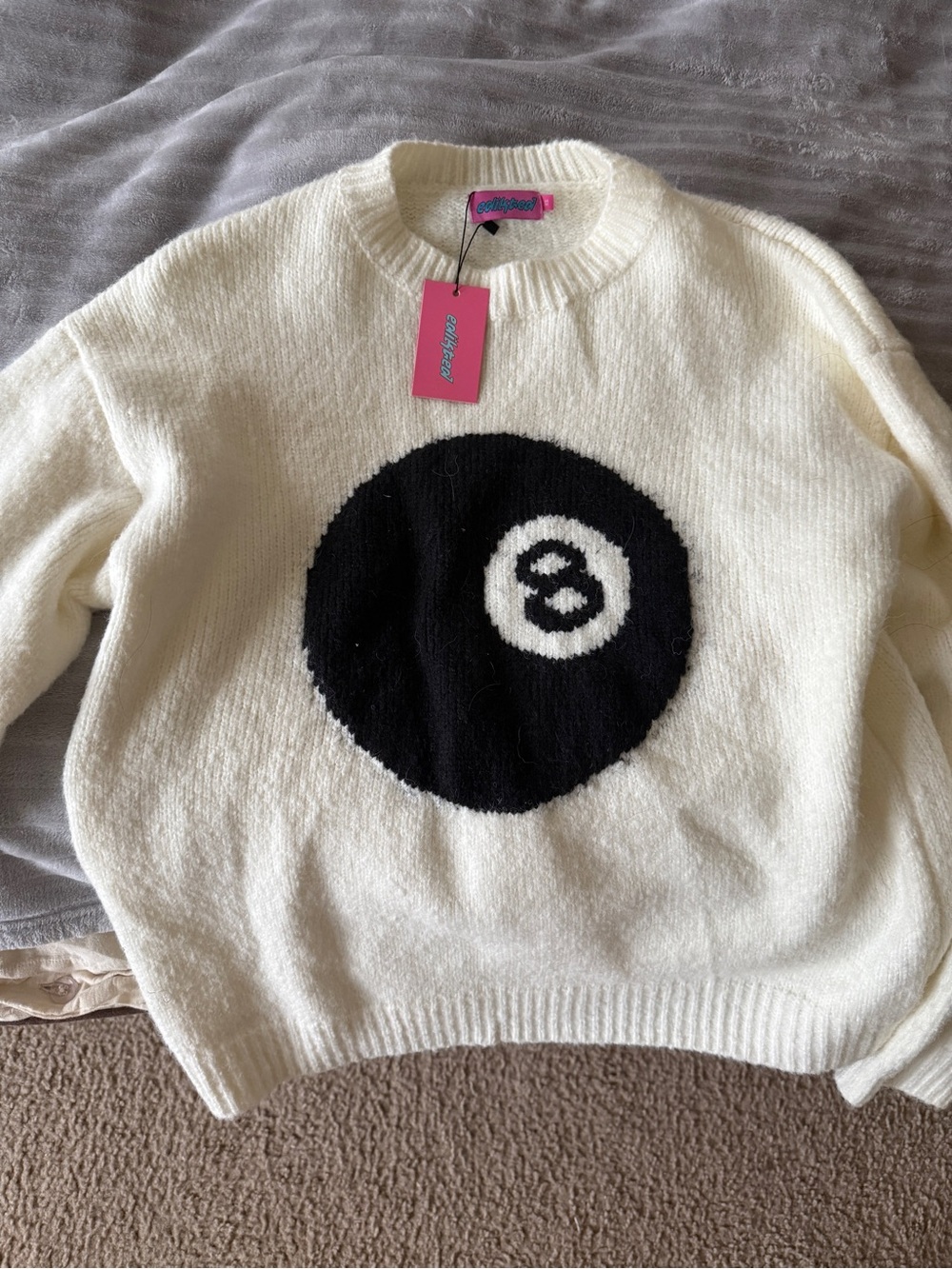 NWT Edikted Cream Crewneck Sweater with Black 8-Ball Graphic